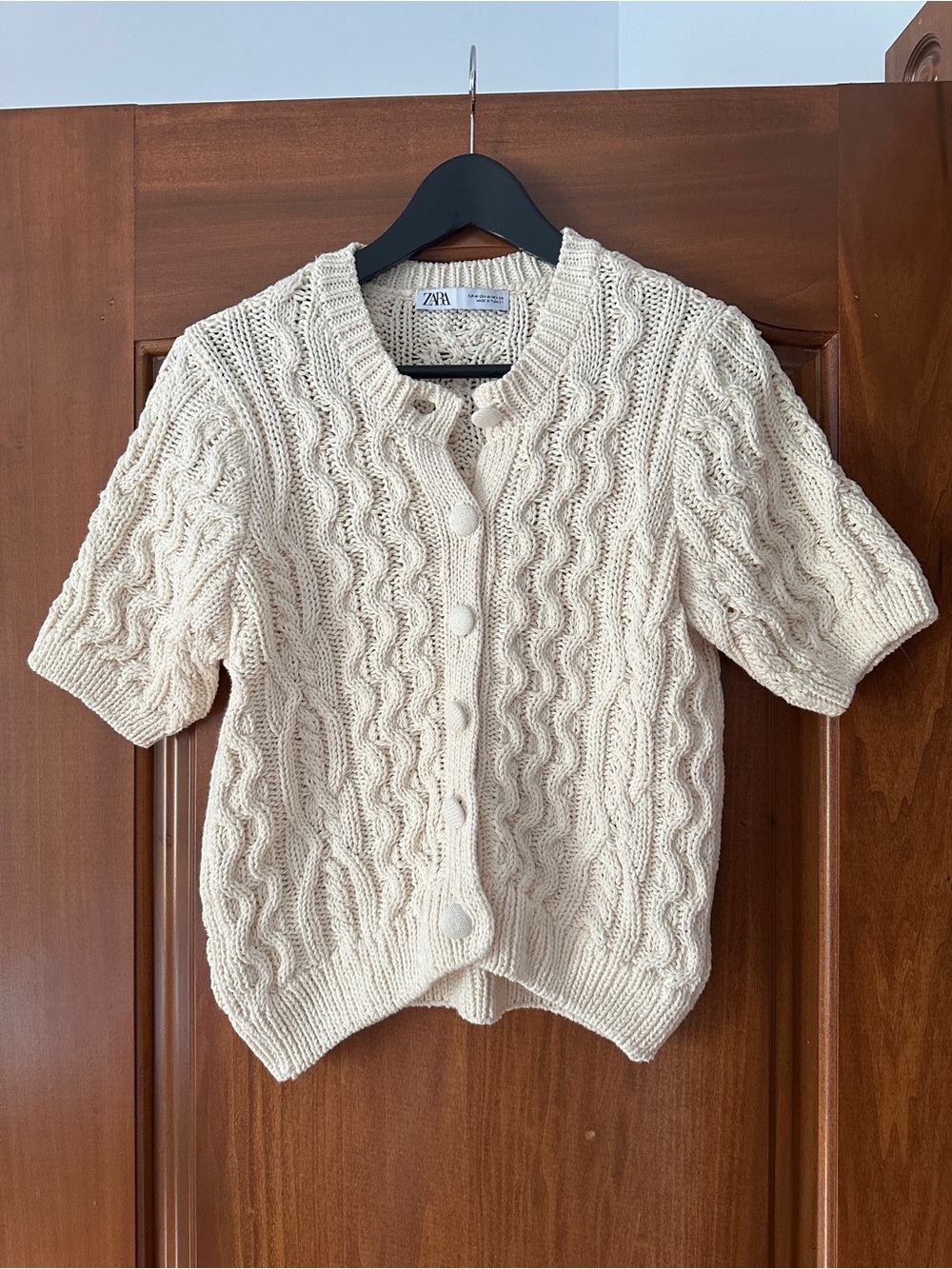 Zara Cream Short Sleeve Braided Knit Cardigan